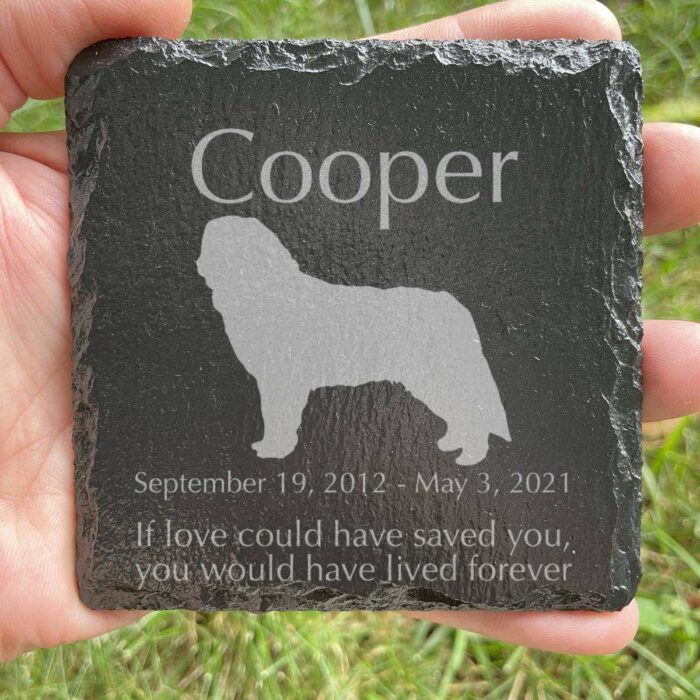 Engraved silhouette memorial slate plaque, Bernese Mountain Dog 1, grass