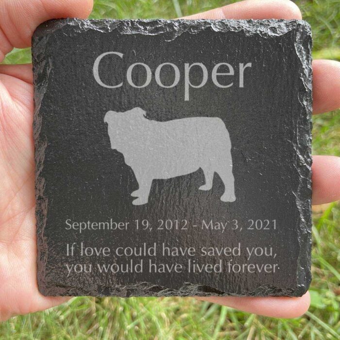 Engraved silhouette memorial slate plaque, Bulldog 1, grass