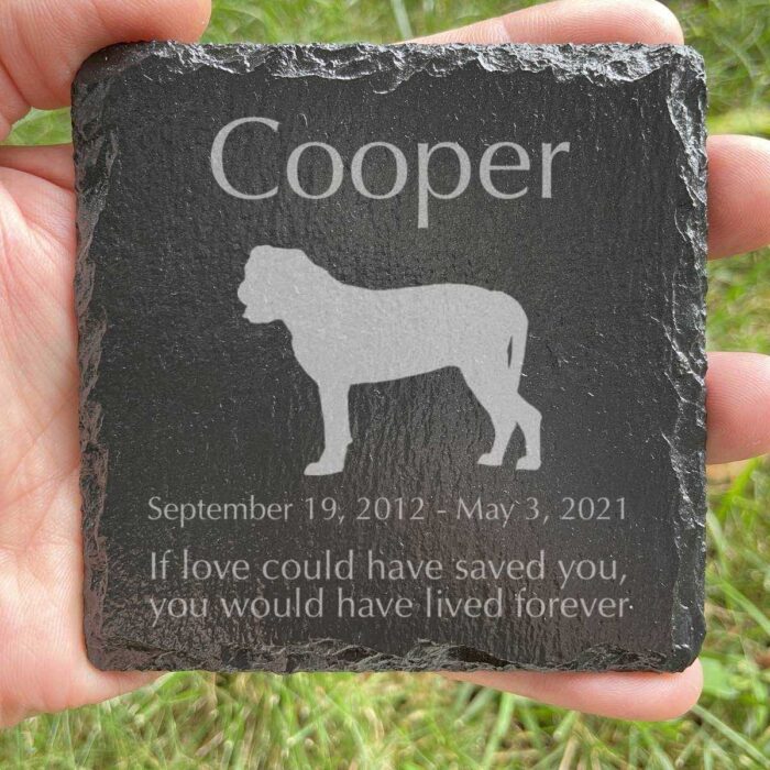 Engraved silhouette memorial slate plaque, grass, Bullmastiff