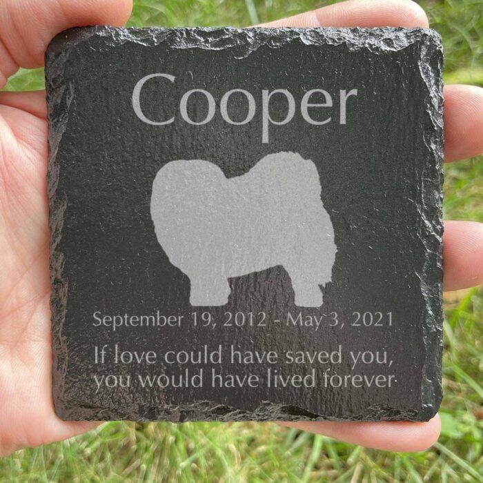 Engraved silhouette memorial slate plaque, grass, Chow Chow