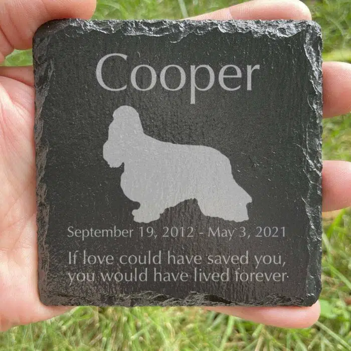 Engraved silhouette memorial slate plaque, grass, Cocker Spaniel 3