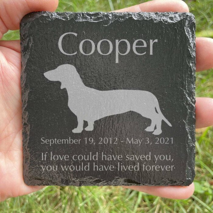 Engraved silhouette memorial slate plaque, grass, Dachshund 1