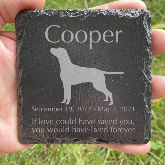 Engraved silhouette memorial slate plaque, grass, Dalmatian 1