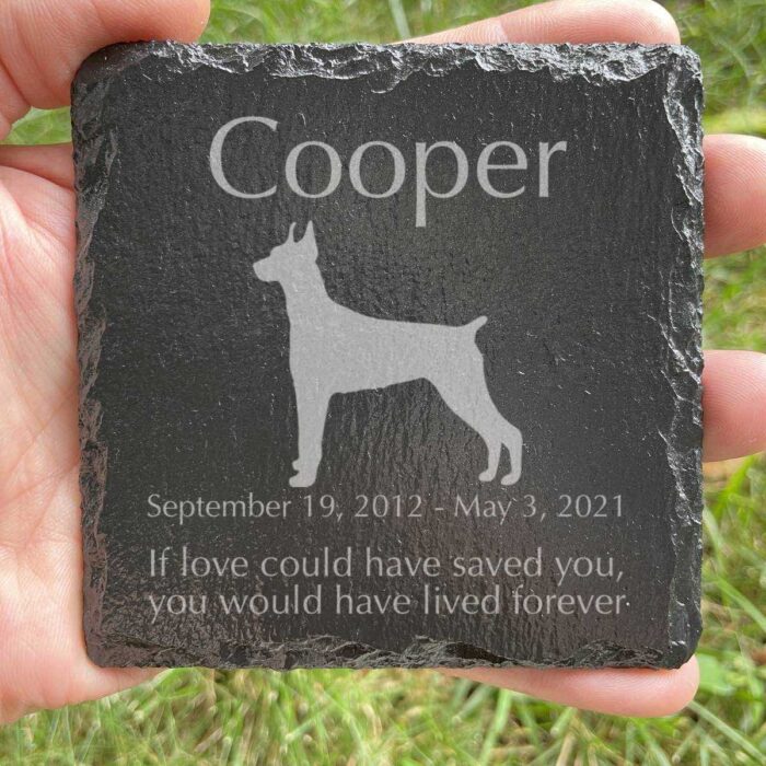 Engraved silhouette memorial slate plaque, grass, Doberman Pinscher 1