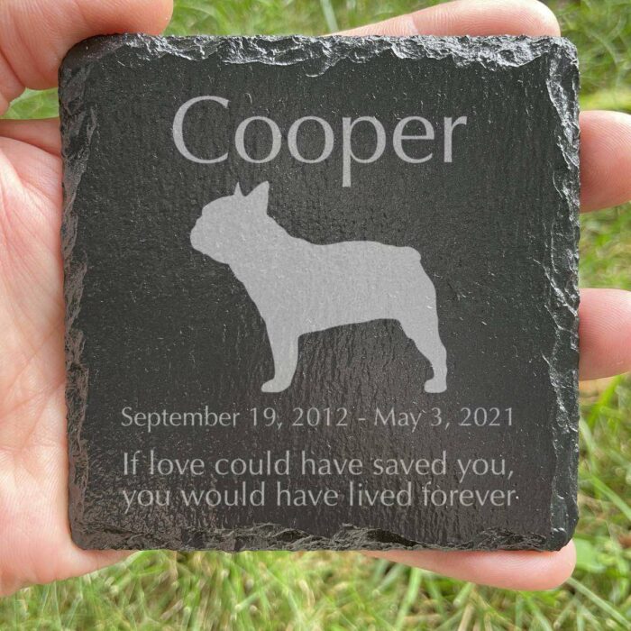 Engraved silhouette memorial slate plaque, grass, French Bulldog 1