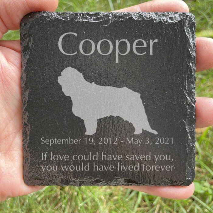 Engraved silhouette memorial slate plaque, grass, King Charles Spaniel 1