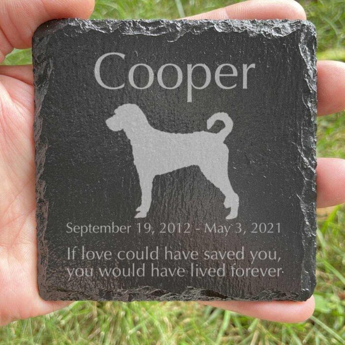 Engraved silhouette memorial slate plaque, grass, Labradoodle 1