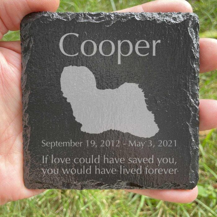 Engraved silhouette memorial slate plaque, grass, Lhasa Apso 1