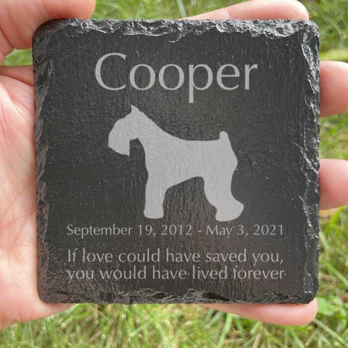 Engraved silhouette memorial slate plaque, grass, Miniature Schnauzer 1