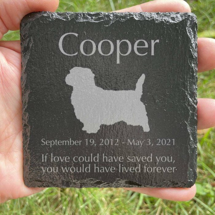 Engraved silhouette memorial slate plaque, grass, Norfolk Terrier 1