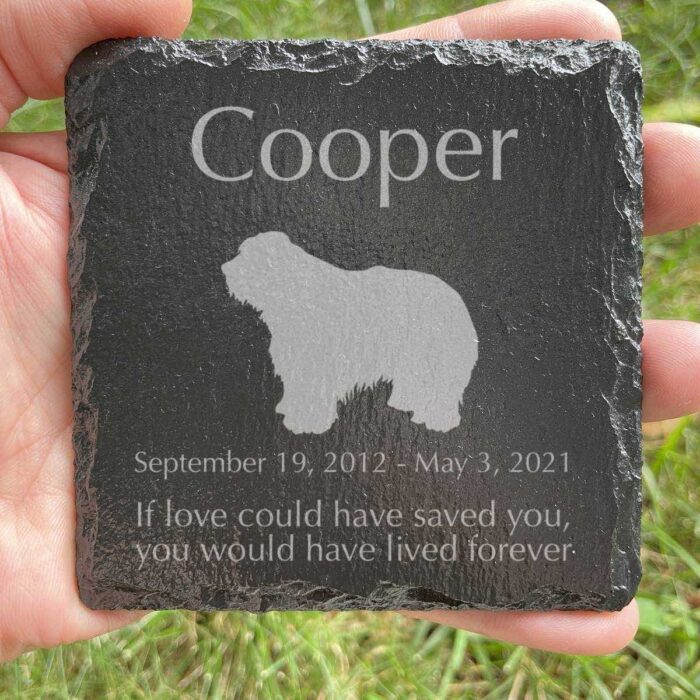 Engraved silhouette memorial slate plaque, grass, Old English Sheepdog 1