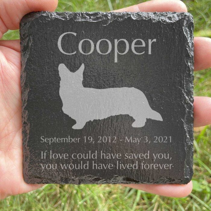 Engraved silhouette memorial slate plaque, grass, Pembroke Welsh Corgi 1