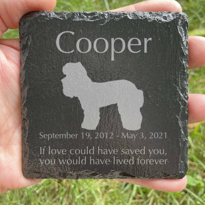 Engraved silhouette memorial slate plaque, grass, Poodle 1