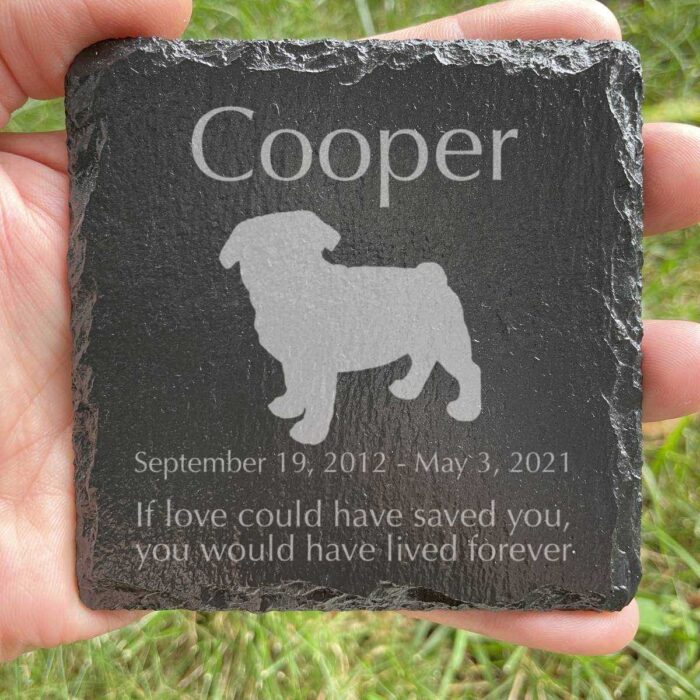 Engraved silhouette memorial slate plaque, grass, Pug 1