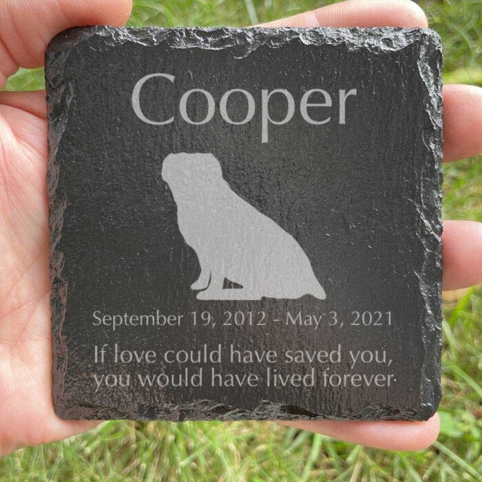 Engraved silhouette memorial slate plaque, grass, Puggle 1