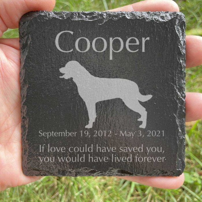 Engraved silhouette memorial slate plaque, grass, Rottweiler 1