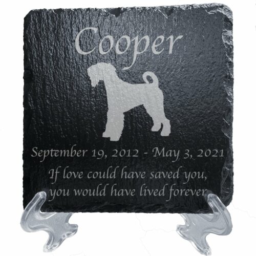 Engraved silhouette memorial slate plaque, stand, Airedale 2