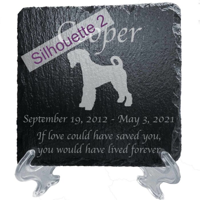 Engraved silhouette memorial slate plaque, stand, Airedale silhouette 2