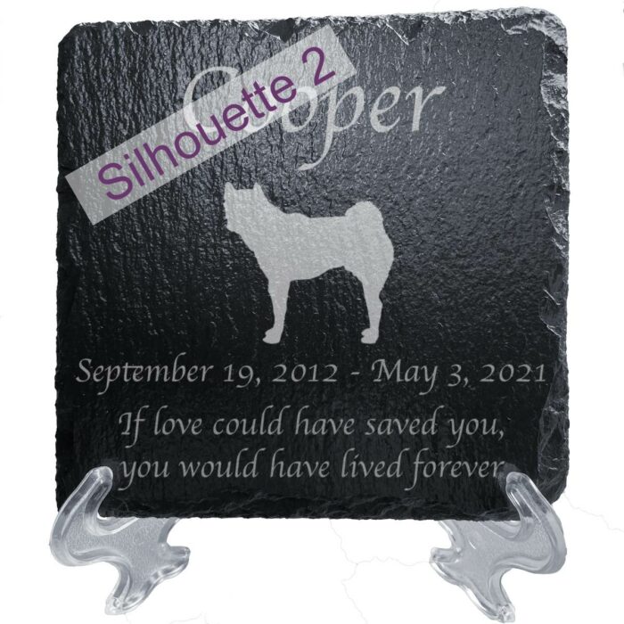 Engraved silhouette memorial slate plaque, stand, Akita silhouette 2