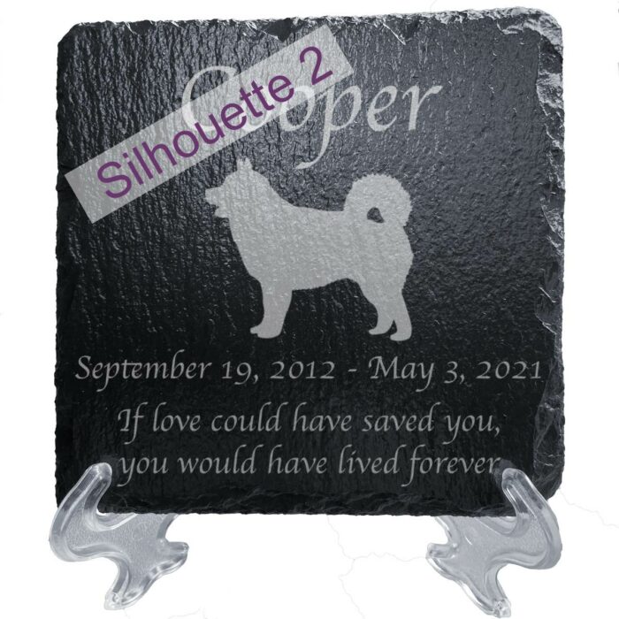 Engraved silhouette memorial slate plaque, stand, Alaskan Malmaute silhouette 2