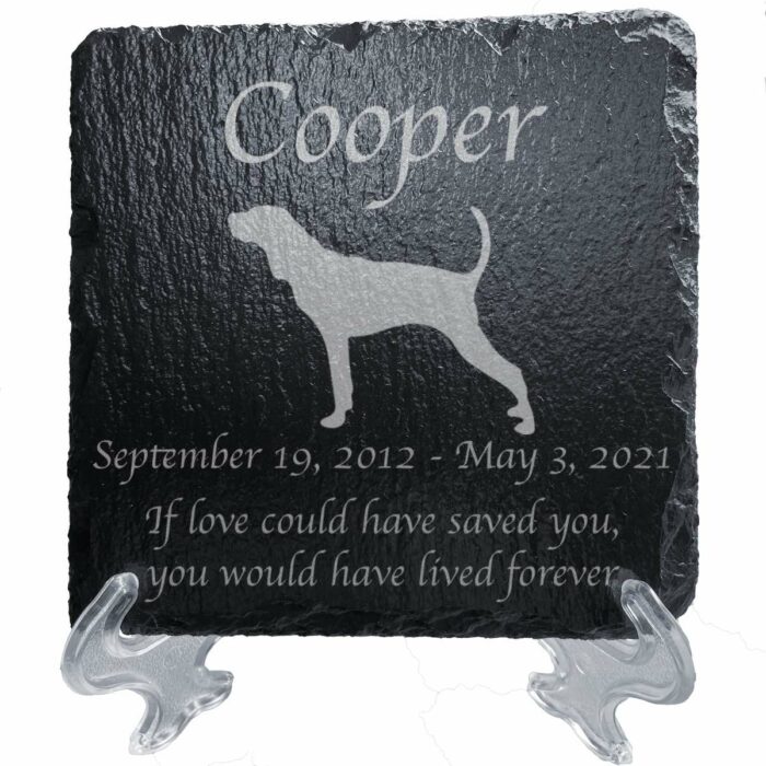 Engraved silhouette memorial slate plaque, stand, American English Redtick Coonhound 1