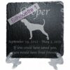 Engraved silhouette memorial slate plaque, stand, American English Redtick Coonhound 1