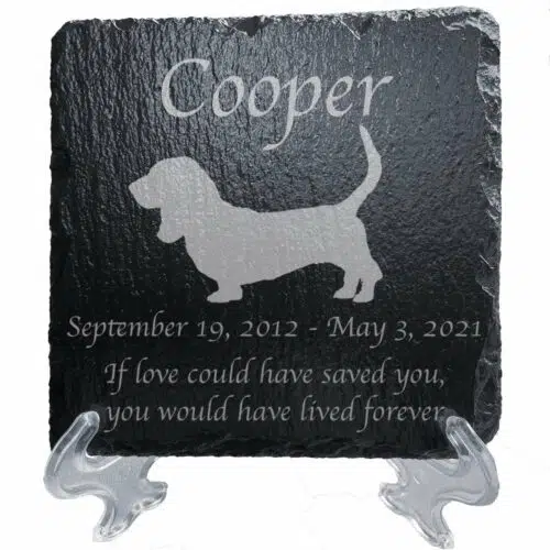 Engraved silhouette memorial slate plaque, Basset Hound 1, stand