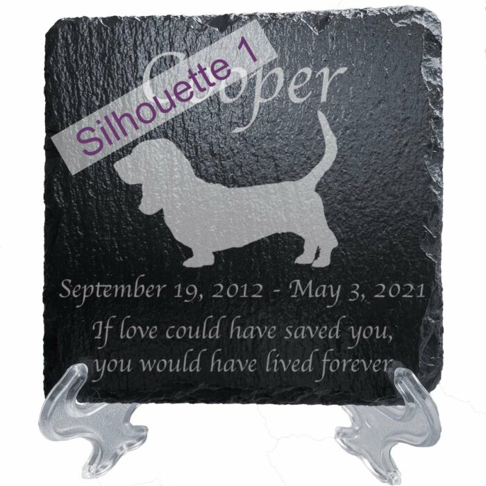 Engraved silhouette memorial slate plaque, Basset Hound 1, stand