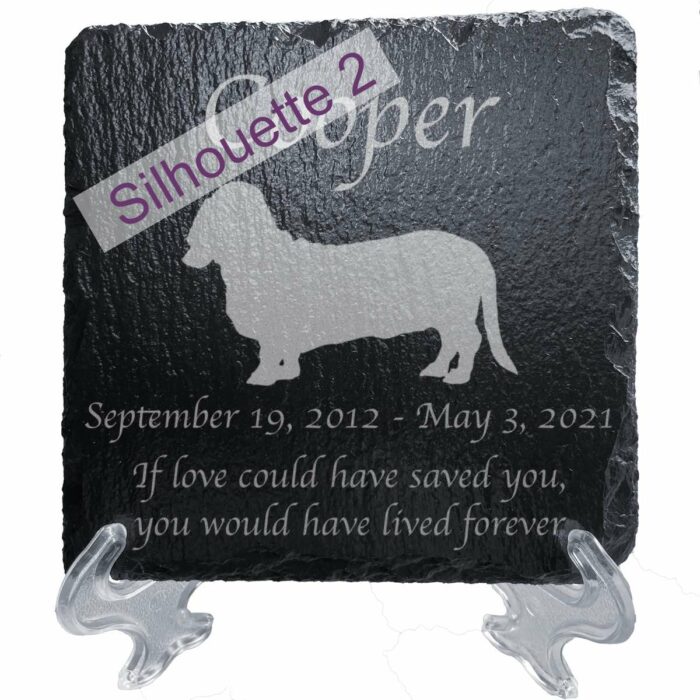 Engraved silhouette memorial slate plaque, Basset Hound 2, stand