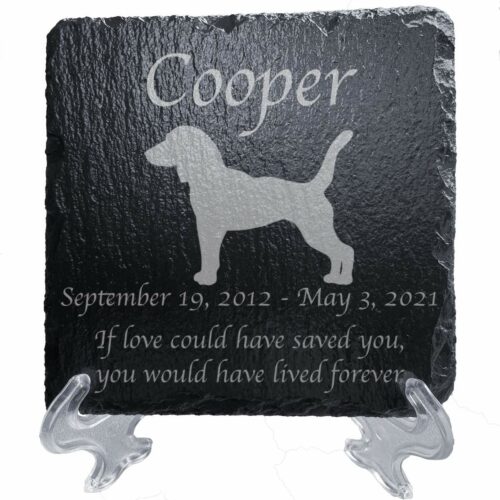 Engraved silhouette memorial slate plaque, Beagle 1, stand