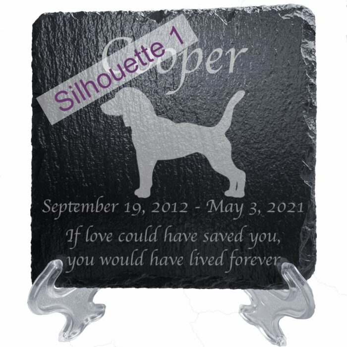 Engraved silhouette memorial slate plaque, Beagle 1, stand