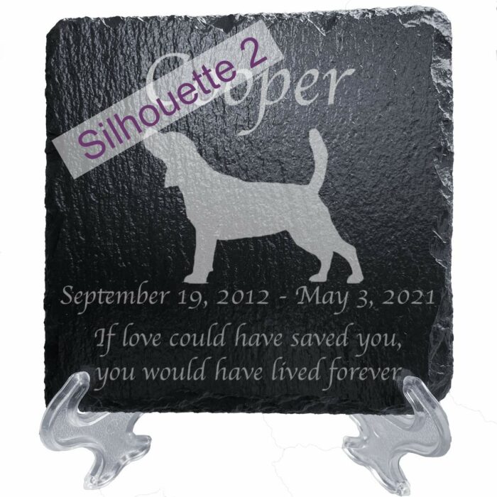 Engraved silhouette memorial slate plaque, Beagle 2, stand