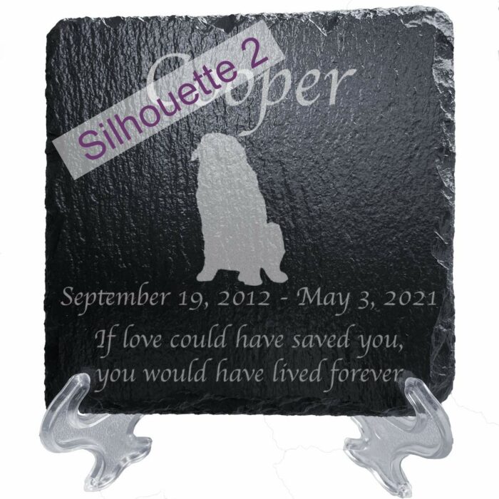 Engraved silhouette memorial slate plaque, Bernese Mountain Dog 2, stand