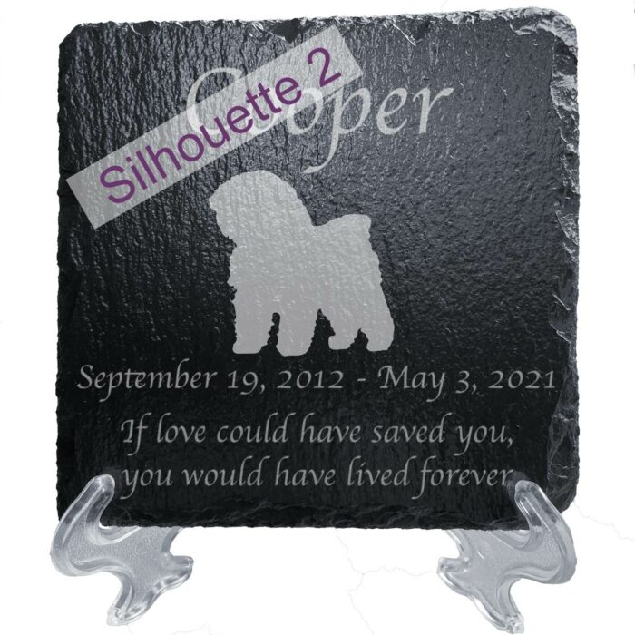 Engraved silhouette memorial slate plaque, stand, Bichon Frise, sill 2