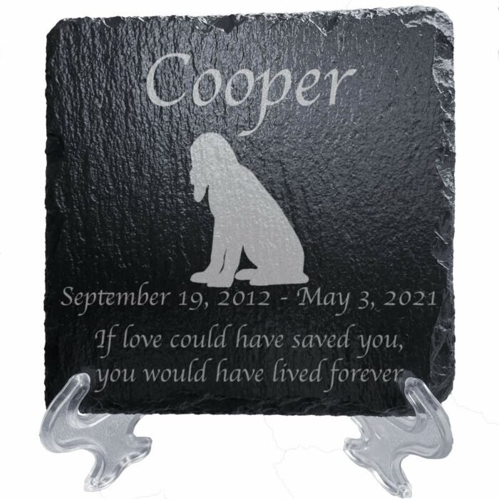 Engraved silhouette memorial slate plaque, stand, Bloodhound, 1