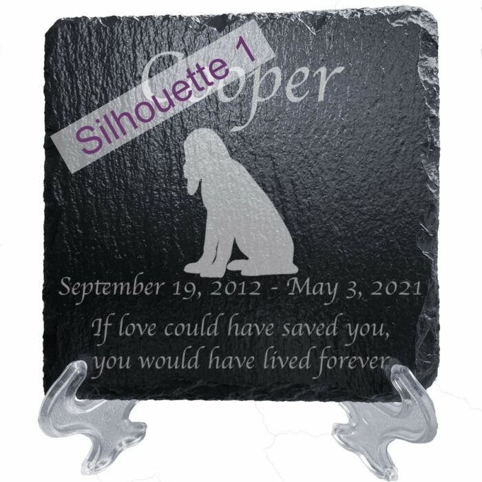 Engraved silhouette memorial slate plaque, stand, Bloodhound, sill 1