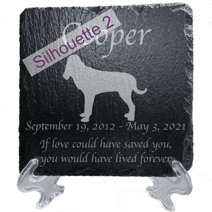 Engraved silhouette memorial slate plaque, stand, Bloodhound, sill 2