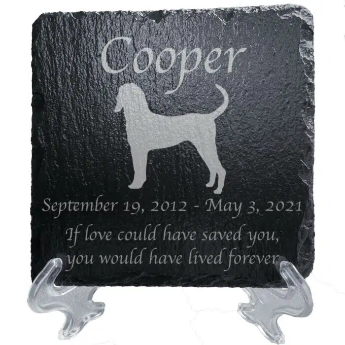 Engraved silhouette memorial slate plaque, stand, Bluetick Coonhound 1