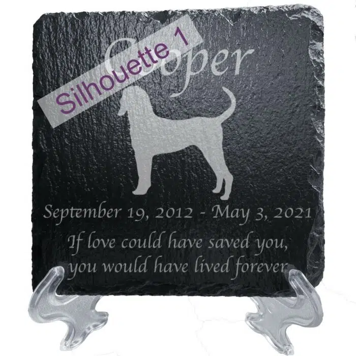 Engraved silhouette memorial slate plaque, stand, Bluetick Coonhound sill1