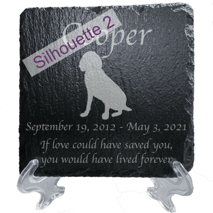 Engraved silhouette memorial slate plaque, stand, Bluetick Coonhound sill2