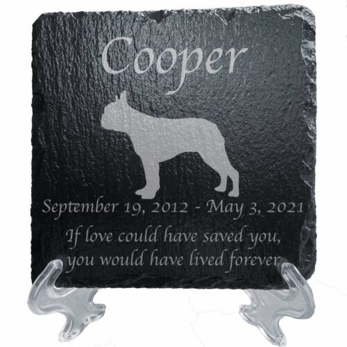 Engraved silhouette memorial slate plaque, Boston Terrier 1, stand