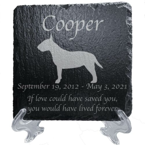 Engraved silhouette memorial slate plaque, stand, Bull Terrier, 1