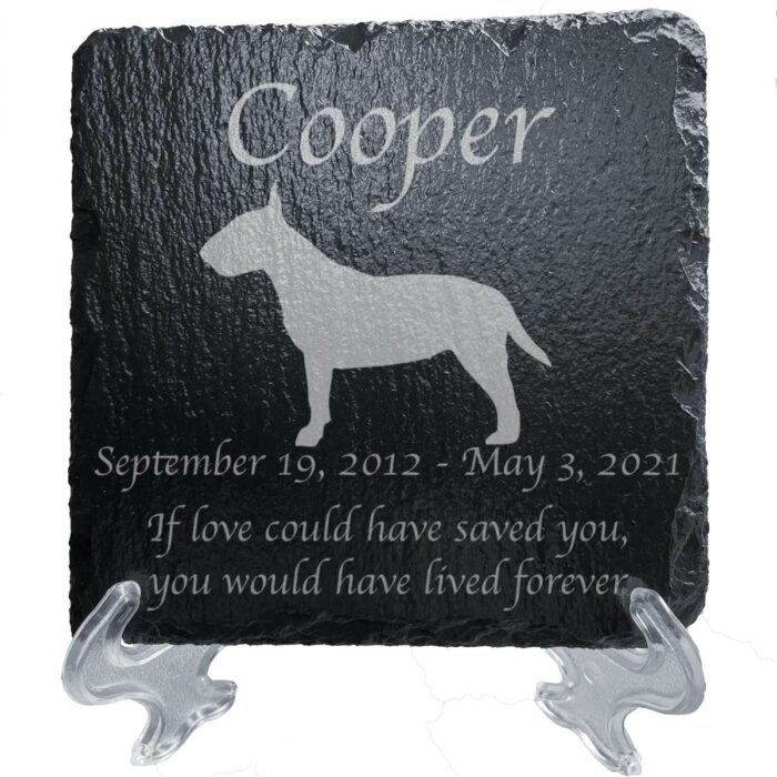 Engraved silhouette memorial slate plaque, stand, Bull Terrier, 1