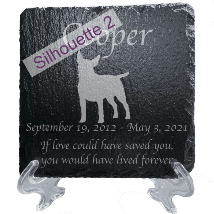 Engraved silhouette memorial slate plaque, stand, Bull Terrier, sill 2