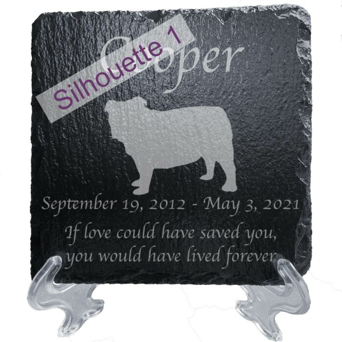 Engraved silhouette memorial slate plaque, Bulldog 1, stand