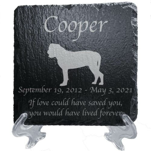 Engraved silhouette memorial slate plaque, stand, Bullmastiff, 1