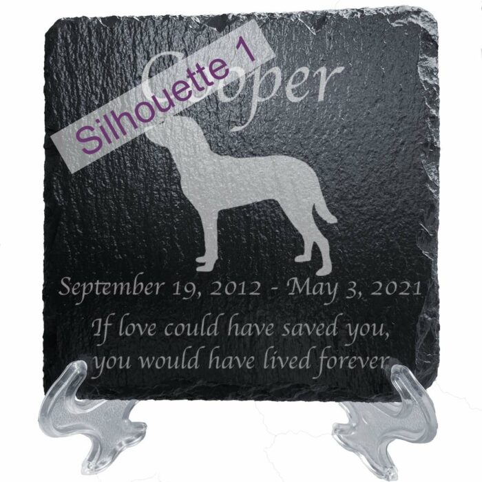 Engraved silhouette memorial slate plaque, stand, Chesapeake Bay Retriever, sill 1