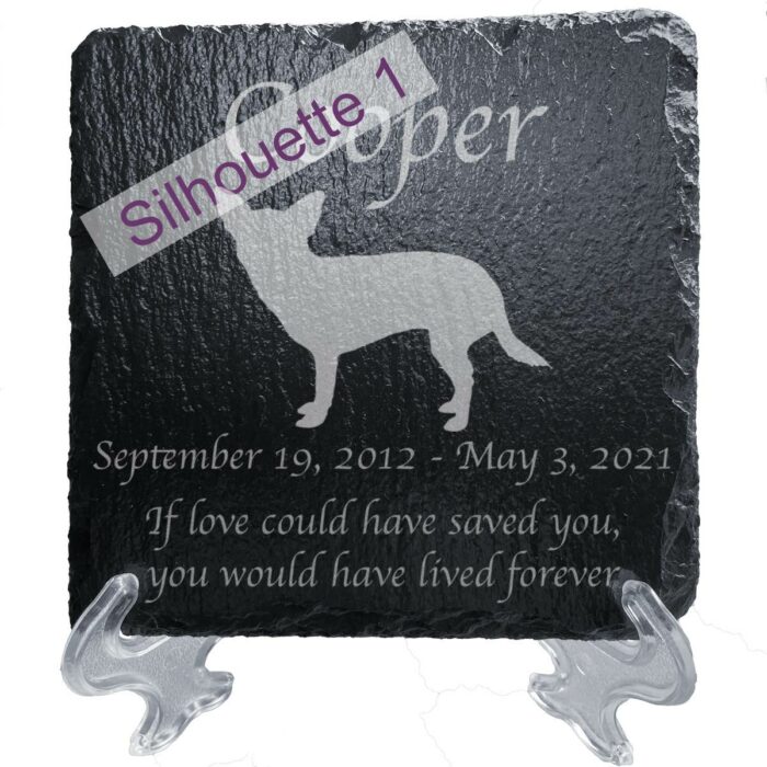 Engraved silhouette memorial slate plaque, stand, Chihuahua, sill 1