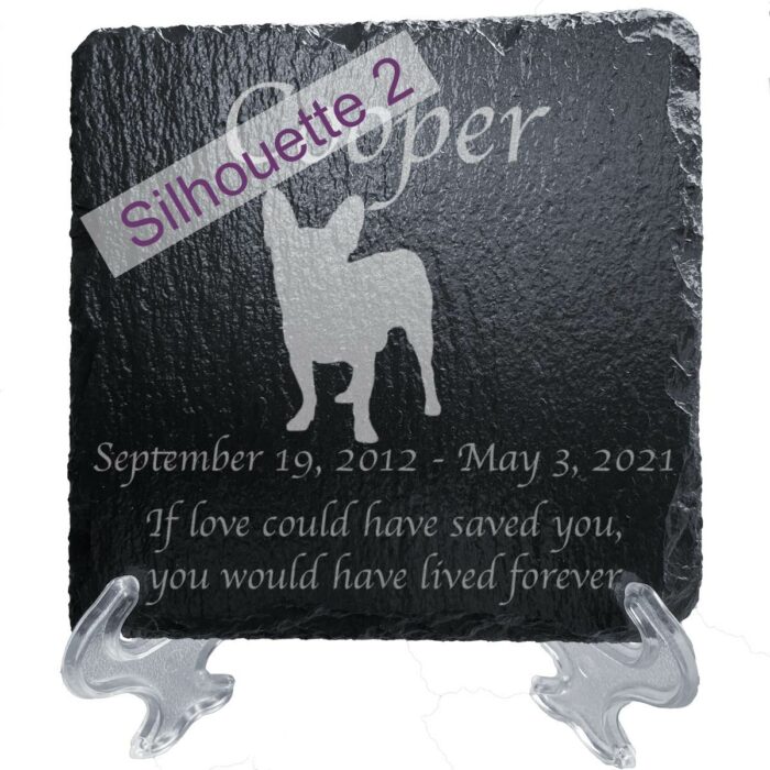 Engraved silhouette memorial slate plaque, stand, Chihuahua, sill 2