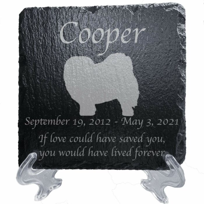 Engraved silhouette memorial slate plaque, stand, Chow Chow, 1